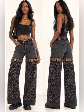 Upcycled Denim & Organic Cotton Patchwork Pants | Floral Wide Leg Jeans S